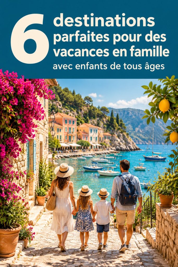 Une famille heureuse en vacances, explorant une nouvelle destination ensemble, entourée de paysages magnifiques.