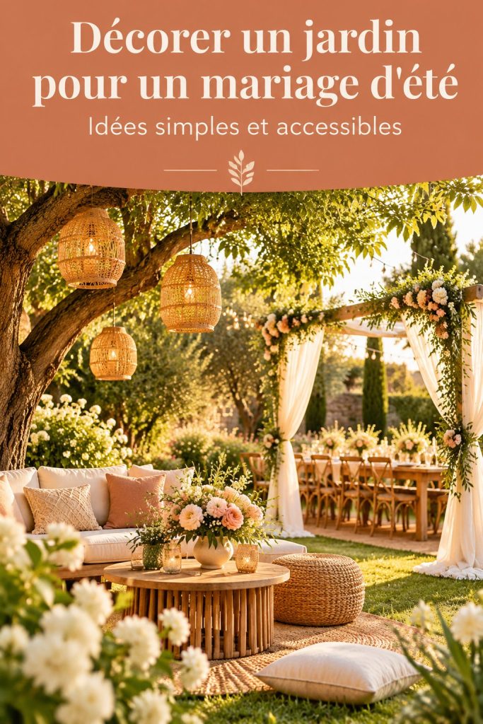 Un jardin magnifiquement décoré pour un mariage d'été, avec des fleurs et des guirlandes lumineuses.
