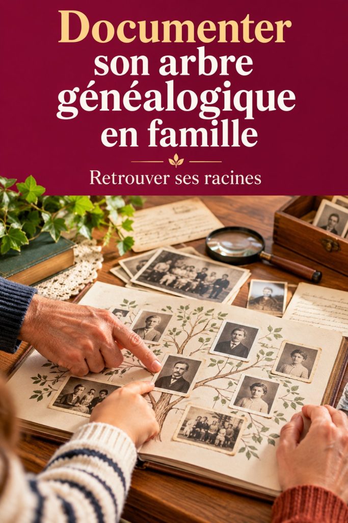 Un arbre généalogique illustré qui montre les liens familiaux et les générations passées.