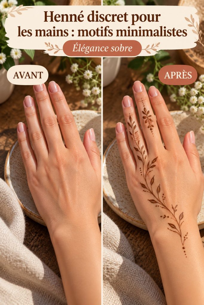 Jolie main avec motifs de henné minimaliste sur fond neutre