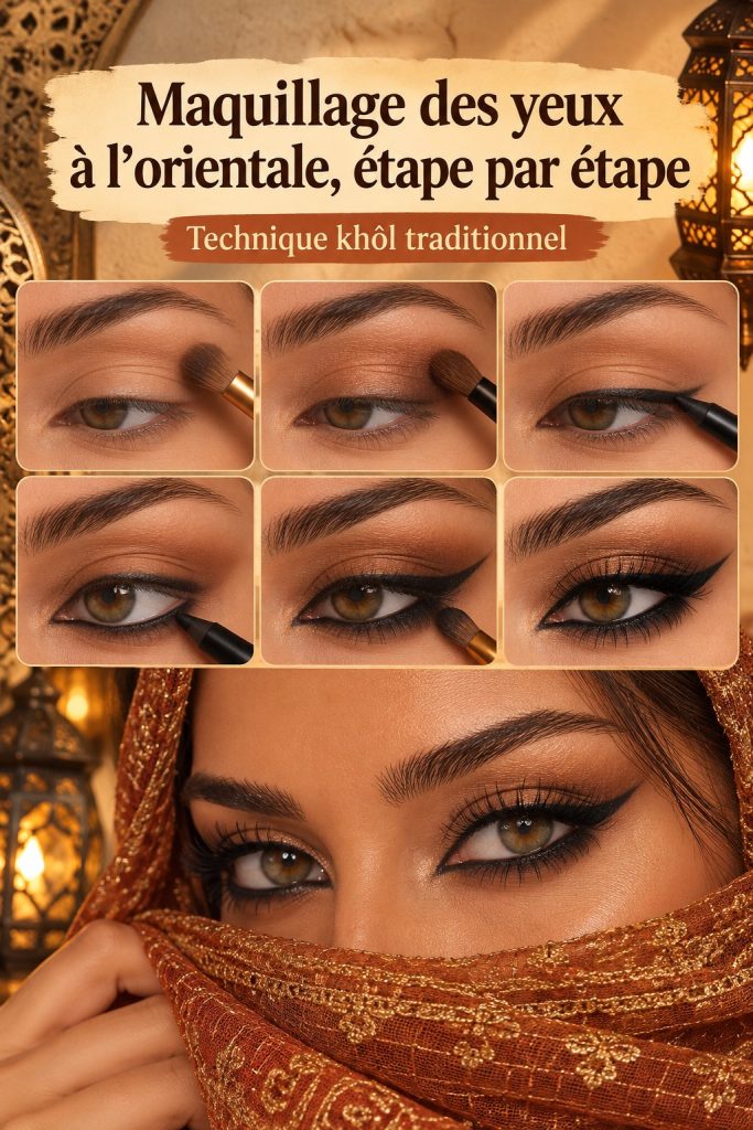 Une femme portant un maquillage oriental, mettant en valeur ses yeux avec du khôl