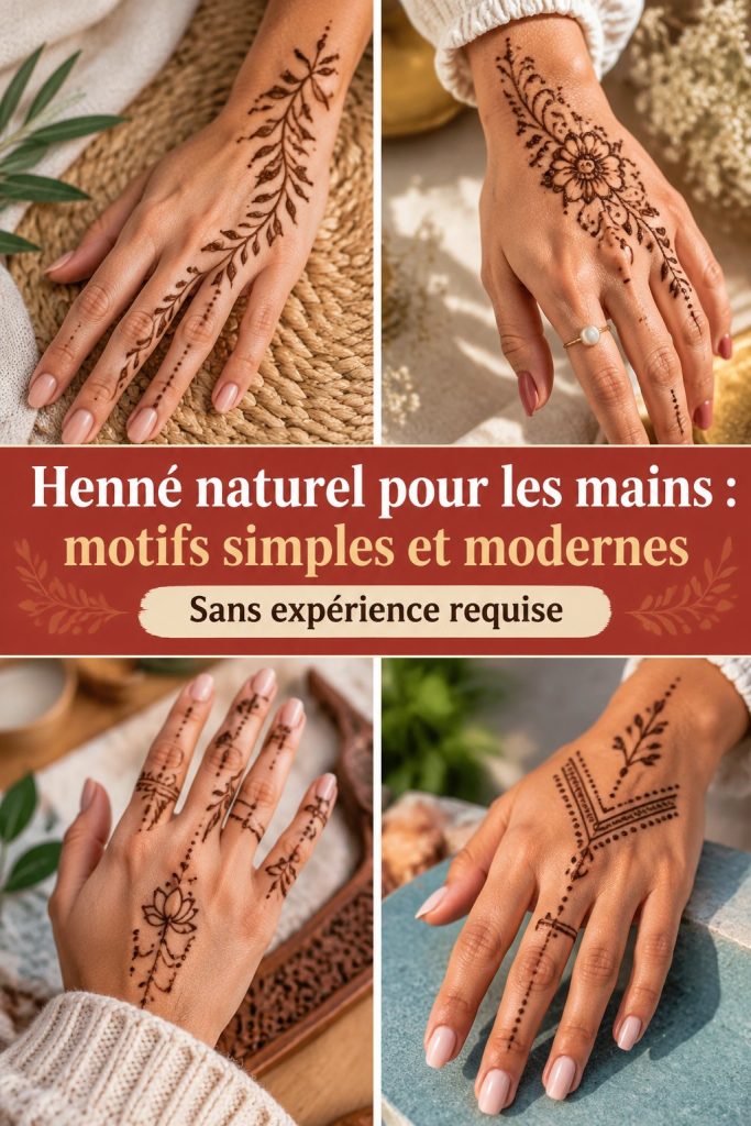 Motifs modernes de henné naturel sur des mains féminines.