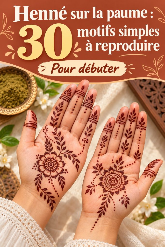 Motifs de henné simples sur une paume, illustrant des designs variés.
