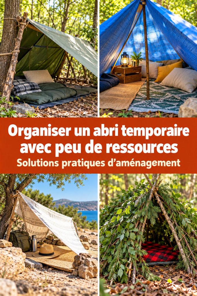 Un abri temporaire aménagé avec des ressources limitées, accueillant et fonctionnel.