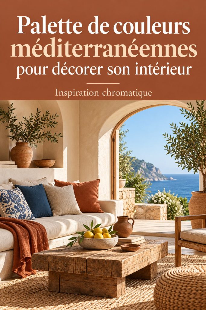 Palette de couleurs méditerranéennes avec des exemples d'intérieurs décorés.