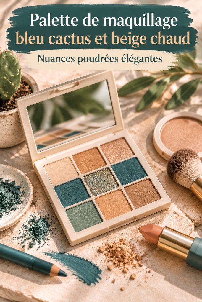 Palette de maquillage bleu cactus et beige chaud avec des teintes sublimes