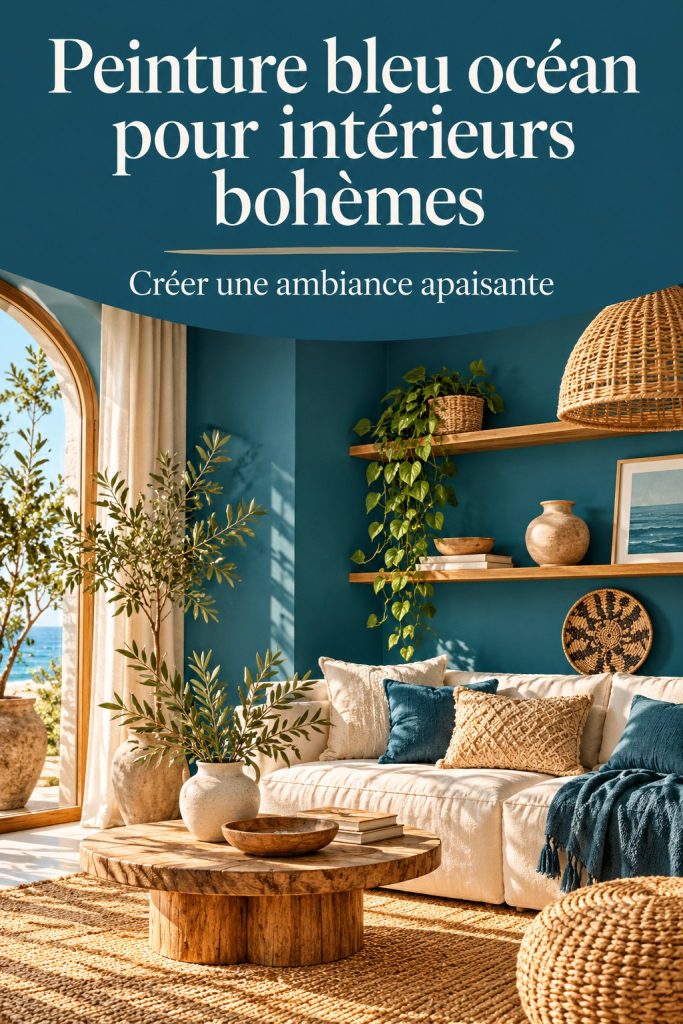 Intérieur bohème avec des murs bleu océan et des éléments décoratifs naturels.