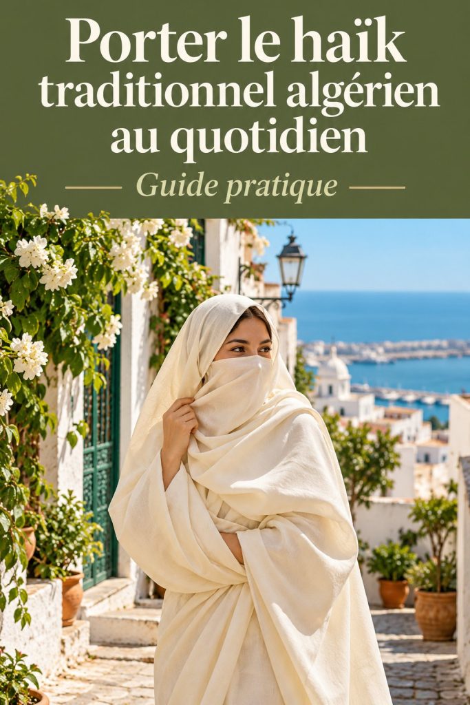 Femme portant un élégant haïk traditionnel algérien dans un cadre moderne.